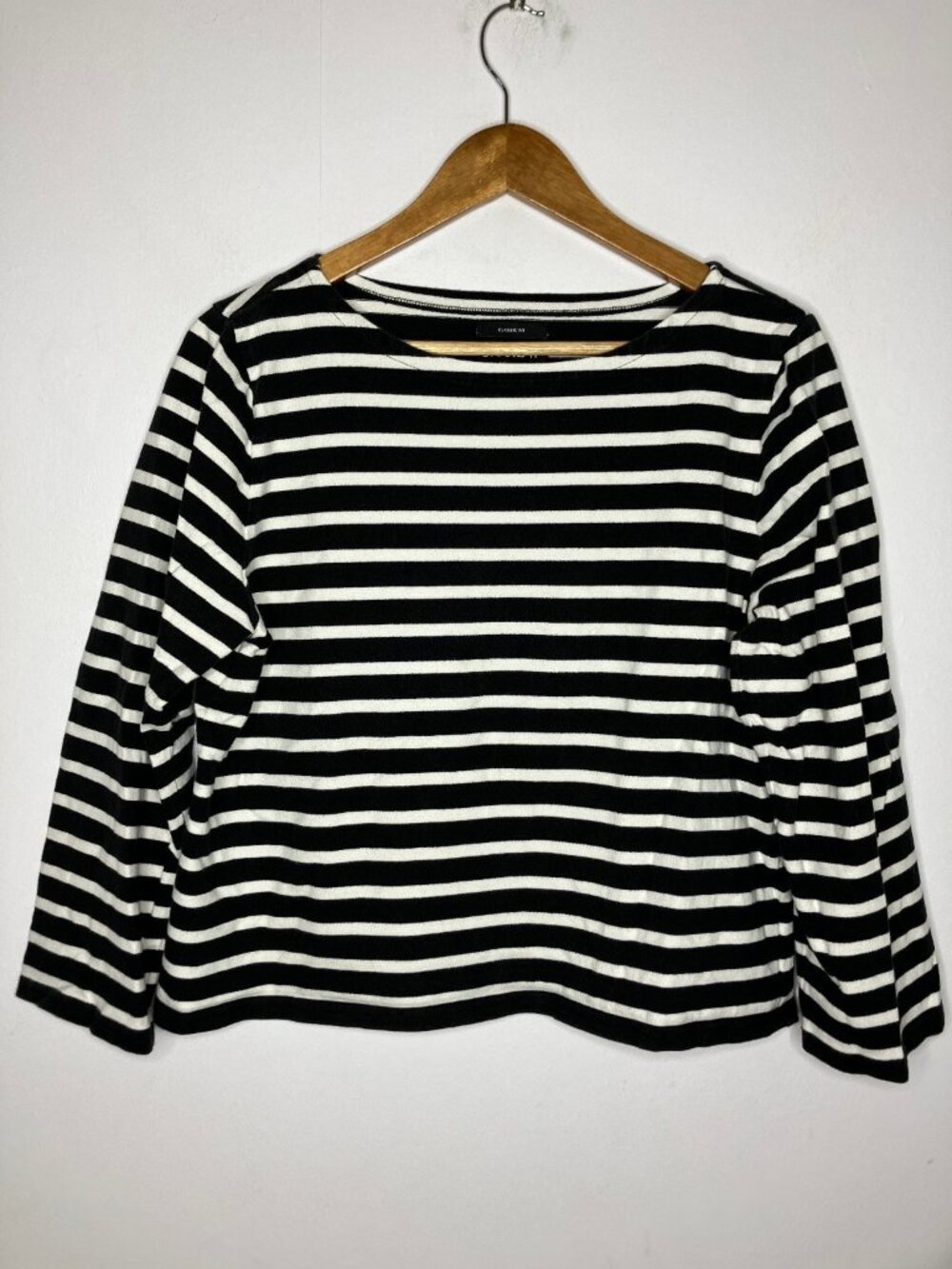 J.Crew Women's L Black White Striped 3/4 Sleeve Boat Neck Classic Fit Top Tee